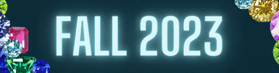 Page banner reads "Fall 2023" with multi-coloured gemstones adorning both sides, and animated fireworks