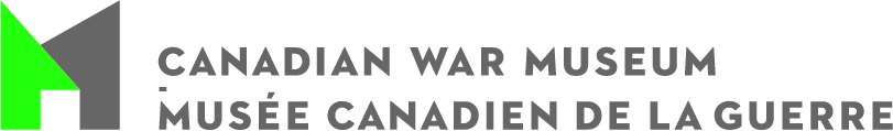 Logo for the Canadian war museum is the letter M split in half; half in lime green and half in charcoal grey. Test beside reads "Canadian War Museum" and "Musée Canadian de la Guerre"