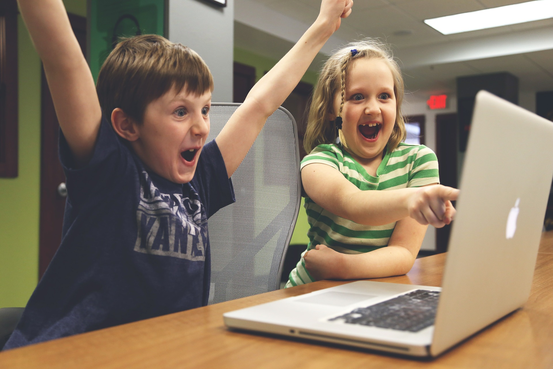 overly happy children with computer