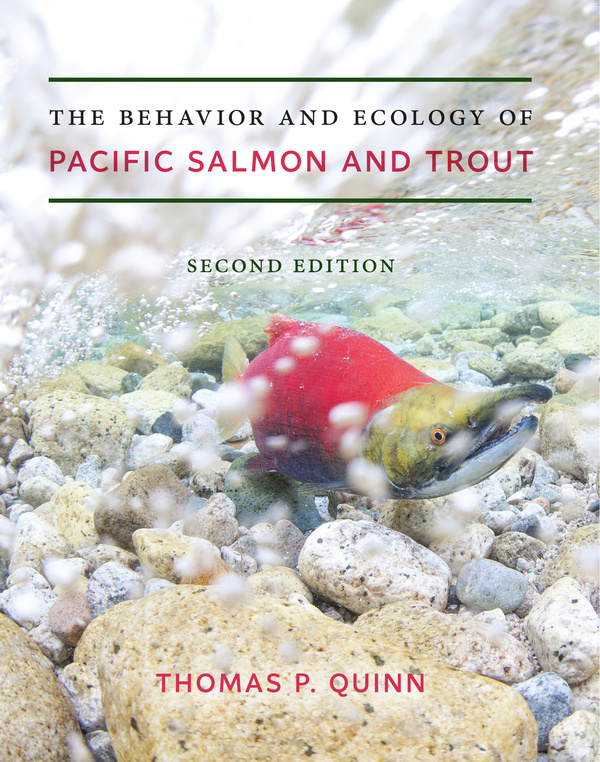 Cover: The Behaviour and Ecology of Pacific Salmon and Trout, Second Edition, by Thomas P. Quinn. photo: a sockeye salmon swimming just above rocks on the bottom of a shallow body of water.
