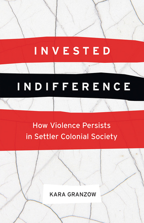Cover: Invested Indifference: How Violence Persists in Settler Colonial Society, by Kara Granzow. background: the title is on alternating red and black bands against a white background with grey cracks on it.