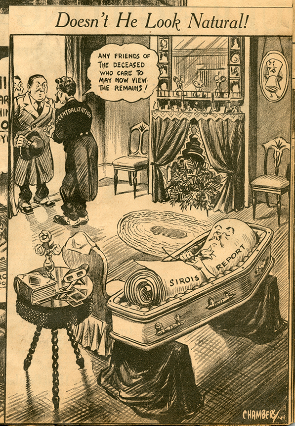 Cartoon depicting a casket with the remains of the Rowell-Sirois report