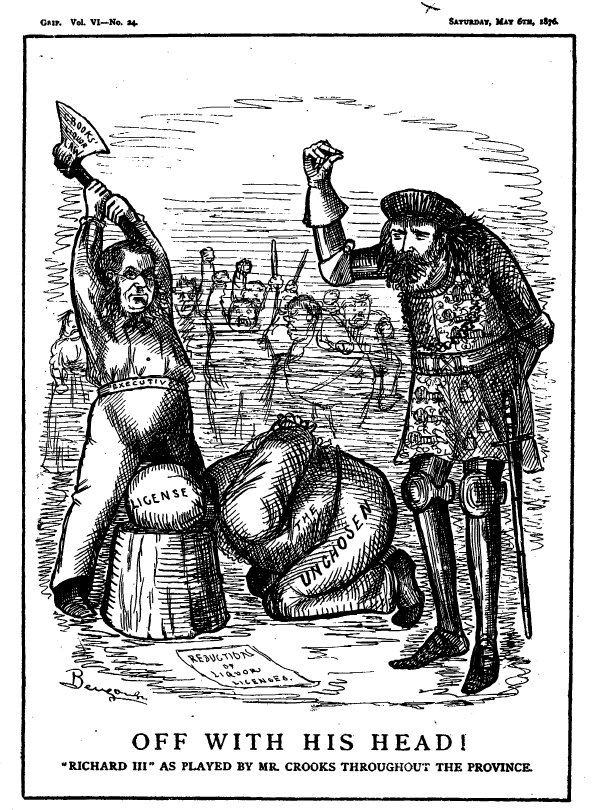 A black and white cartoon of an executioner beheading a man with the word 'License' written across his head
