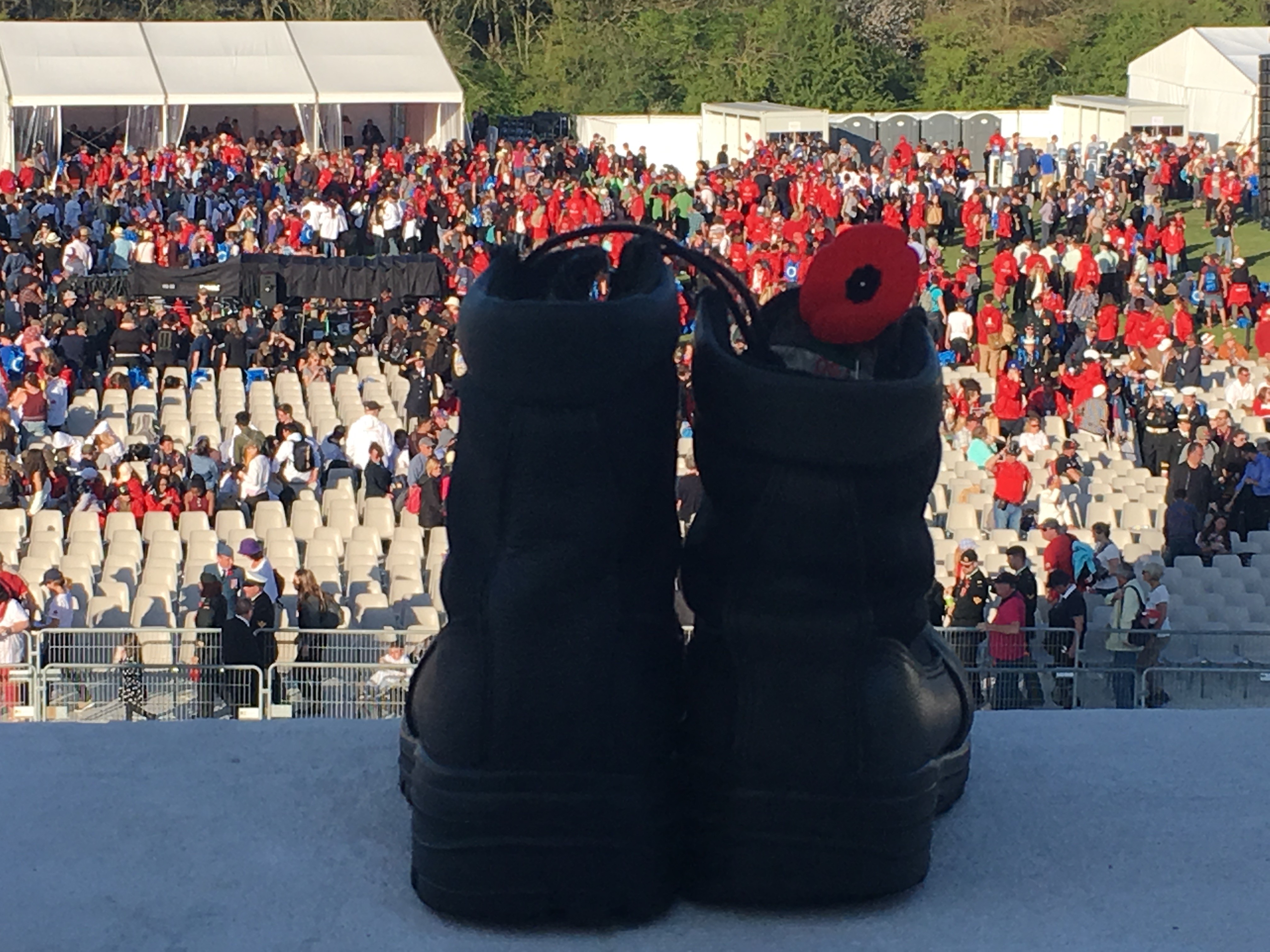 Empty combat boots at the Vimy Ridge monument for the 100th anniversary of the battle.