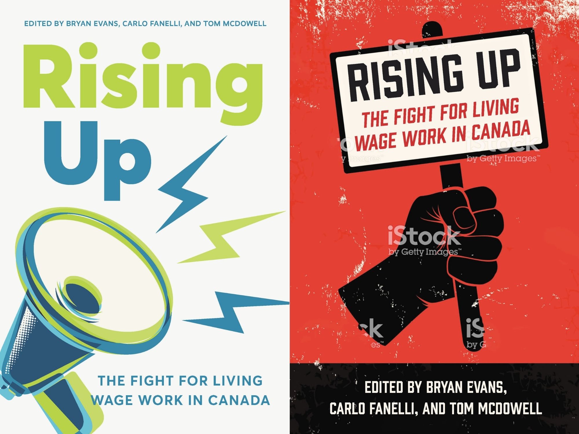 Two mockups for Rising Up, including activist themes. One shows a blue and green megaphone on a white backgropund; the other shows a red background with a fist holding a sign.